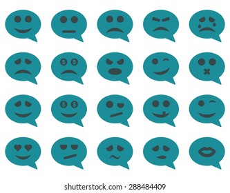 Chat emotion smile icons. Vector set style: bicolor flat images, soft blue symbols, isolated on a white background.