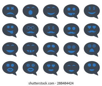 Chat emotion smile icons. Vector set style: bicolor flat images, smooth blue symbols, isolated on a white background.