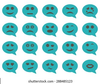 Chat emotion smile icons. Vector set style: bicolor flat images, grey and cyan symbols, isolated on a white background.