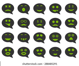Chat emotion smile icons. Vector set style: bicolor flat images, eco green and gray symbols, isolated on a white background.