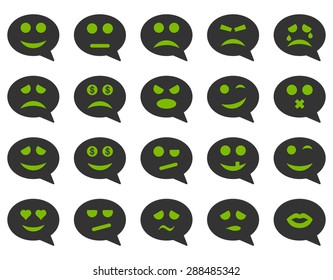 Chat emotion smile icons. Vector set style: bicolor flat images, eco green and gray symbols, isolated on a white background.