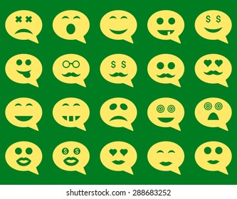 Chat emotion smile icons. Vector set style: flat images, yellow symbols, isolated on a green background.