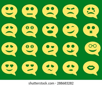 Chat emotion smile icons. Vector set style: flat images, yellow symbols, isolated on a green background.