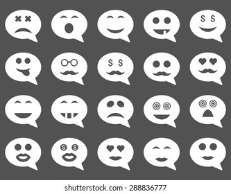 Chat emotion smile icons. Vector set style: flat images, white symbols, isolated on a gray background.