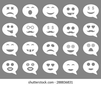 Chat emotion smile icons. Vector set style: flat images, white symbols, isolated on a gray background.