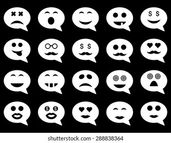 Chat emotion smile icons. Vector set style: flat images, white symbols, isolated on a black background.