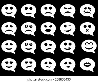 Chat emotion smile icons. Vector set style: flat images, white symbols, isolated on a black background.