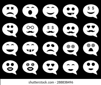 Chat emotion smile icons. Vector set style: flat images, white symbols, isolated on a black background.