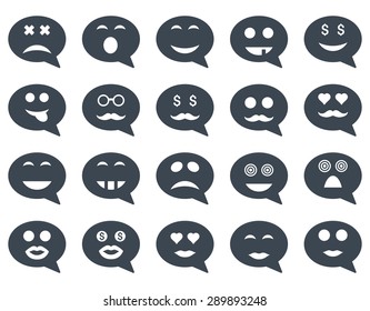Chat emotion smile icons. Vector set style: flat images, smooth blue symbols, isolated on a white background.