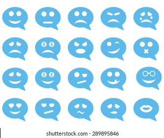 Chat emotion smile icons. Vector set style: flat images, blue symbols, isolated on a white background.