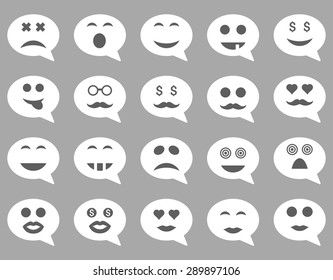 Chat emotion smile icons. Vector set style: bicolor flat images, dark gray and white symbols, isolated on a silver background.