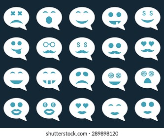 Chat emotion smile icons. Vector set style: bicolor flat images, blue and white symbols, isolated on a dark blue background.