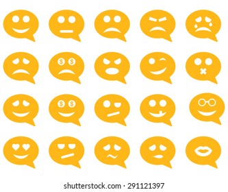 Chat emotion smile icons. Vector set style: flat images, yellow symbols, isolated on a white background.