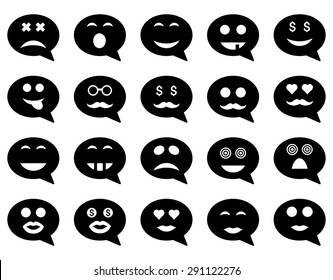 Chat emotion smile icons. Vector set style: flat images, black symbols, isolated on a white background.