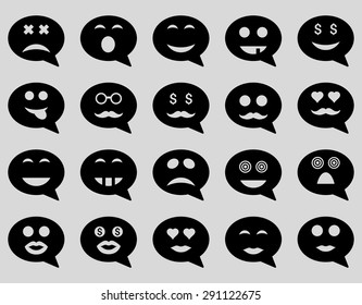 Chat emotion smile icons. Vector set style: flat images, black symbols, isolated on a light gray background.