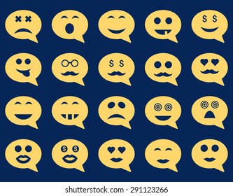 Chat emotion smile icons. Vector set style: flat images, yellow symbols, isolated on a blue background.