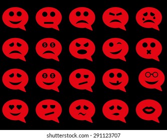 Chat emotion smile icons. Vector set style: flat images, red symbols, isolated on a black background.