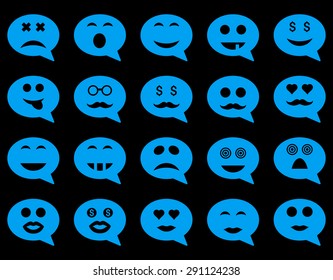 Chat emotion smile icons. Vector set style: flat images, blue symbols, isolated on a black background.