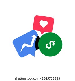 Chat And Finance Icons In Flat Vector Illustration Symbolizing Communication, Financial Growth, And Social Media Engagement, Isolated On White Background
