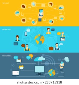 Chat flat banner set with voice online sms chat social media isolated vector illustration