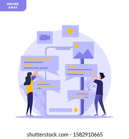 chat flat illustration. people chat on smartphone vector design, chat bot service, landing page, for mobile, website, banner. vector illustration