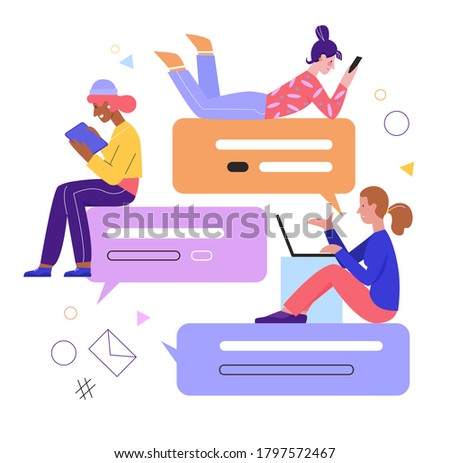 Chat friend messages vector illustration. Cartoon flat tiny young girl characters messaging, using messenger app on screens of laptop, tablet or phone. Online friendly communication isolated on white