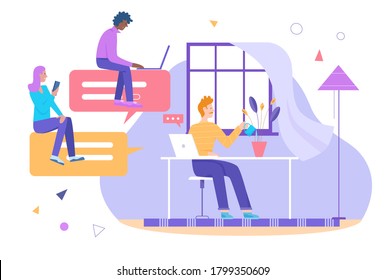 Ilustración vectorial de mensajes amigables para chat. Caricatura de una diminuta y llana mujer joven hombre personajes amigos se comunican desde casa, usando el mensajero de texto de chat en línea para comunicación de amistad aislado en blanco