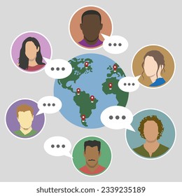 Chat with friends from all over the world. Color icons of people chatting. The World Wide Web. Planet in chat. EPS 10.