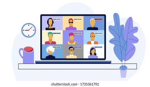 Chat with friends online. Collective virtual meeting and group video conferencing. Remote work concept