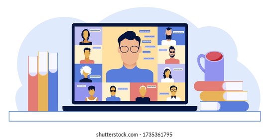 Chat with friends online. Collective virtual meeting and group video conferencing. Remote work concept