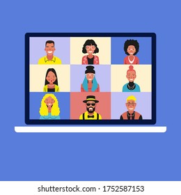 Chat with friends online. Collective virtual meeting and group video conferencing. Remote work concept