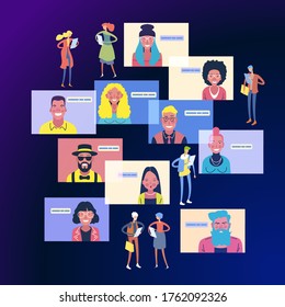 Chat with friends online. Collective virtual meeting and group video conferencing. Remote work concept