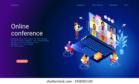 Chat With Friends Online. Collective Virtual Meeting And Group Video Conferencing. Online WEBINAR, Training. Virtual Debate. Isometric Picture With Small Figures Of People. 