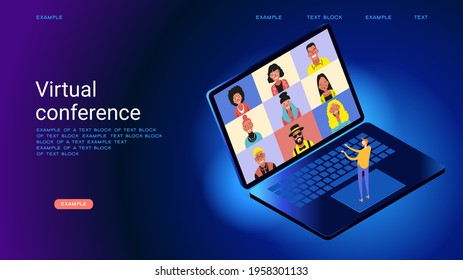 Chat With Friends Online. Collective Virtual Meeting And Group Video Conferencing. Online WEBINAR, Training. Virtual Debate. Isometric Picture With Small Figures Of People. 