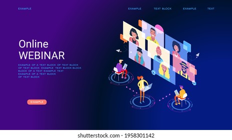 Chat With Friends Online. Collective Virtual Meeting And Group Video Conferencing. Online WEBINAR, Training. Virtual Debate. Isometric Picture With Small Figures Of People. 