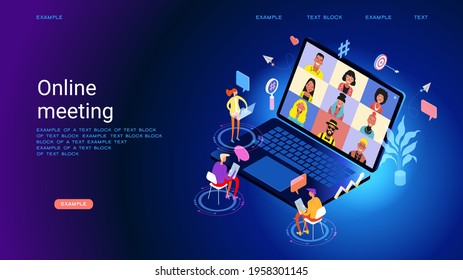 Chat With Friends Online. Collective Virtual Meeting And Group Video Conferencing. Online WEBINAR, Training. Virtual Debate. Isometric Picture With Small Figures Of People. 