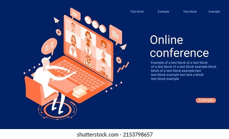 Chat With Friends Online. Collective Virtual Meeting And Group Video Conferencing. Online WEBINAR, Training. Virtual Debate. Isometric Picture With Small Figures Of People. 