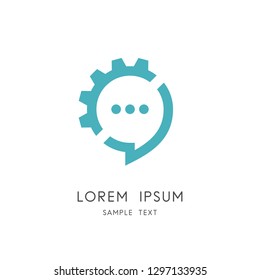 Chat and gear wheel logo - speech bubble or message and pinion symbol. Conversation technology, business communication and effective speaking, constructive dialogue and discussion vector icon.