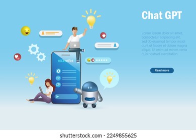 Chat GPT. Smart Ai Chat-Bot kommuniziert mit menschlichen natürlichen Sprachen und emotionale, die intelligente Informationen und Lösungs-Aufgabe. 3D-Vektorgrafik.