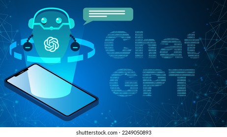 Chat GPT, artificial intelligence chatbot. Chat GPT robot in hologram reflected from the phone. Chatbot illustration for banner, poster, website, landing page, ads, flyer template.