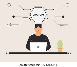 chat GPT men person use laptop digital. boy people search chat GPT AI, openAI, smart bot, workplace, technology background. vector illustration for artificial intelligence, infographics, web banner.