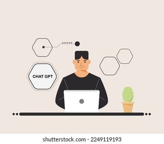 chat GPT men person use laptop digital. boy people search chat GPT AI, openAI, smart bot, workplace, technology background. vector illustration for artificial intelligence, infographics, web banner.