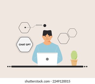 chat GPT men person use laptop digital. boy people search chat GPT AI, openAI, smart bot, workplace, technology background. vector illustration for artificial intelligence, infographics, web banner.