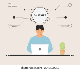 chat GPT men person use laptop digital. boy people search chat GPT AI, openAI, smart bot, workplace, technology background. vector illustration for artificial intelligence, infographics, web banner.