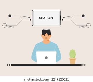 chat GPT men person use laptop digital. boy people search chat GPT AI, openAI, smart bot, workplace, technology background. vector illustration for artificial intelligence, infographics, web banner.