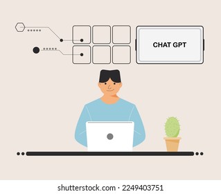 chat GPT men person use laptop digital. boy people search chat GPT AI, openAI, smart bot, workplace, technology background. vector illustration for artificial intelligence, infographics, web banner.