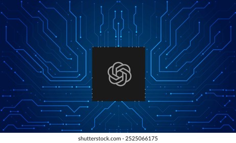 Chat gpt or open ai. Microchip transferring data using circuit board artificial intelligence background blue vector editable