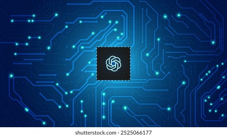 Chat gpt or open ai. Microchip transferring data using circuit board artificial intelligence background blue vector editable