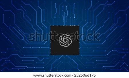 Chat gpt or open ai. Microchip transferring data using circuit board artificial intelligence background blue vector editable