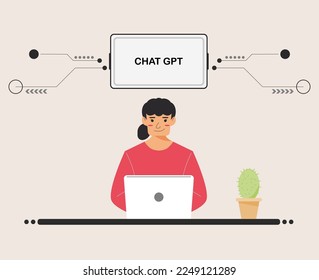 chat GPT women person use laptop digital. girl people search chat GPT AI, openAI, smart bot, workplace, technology background. vector illustration for artificial intelligence, infographic, web banner.